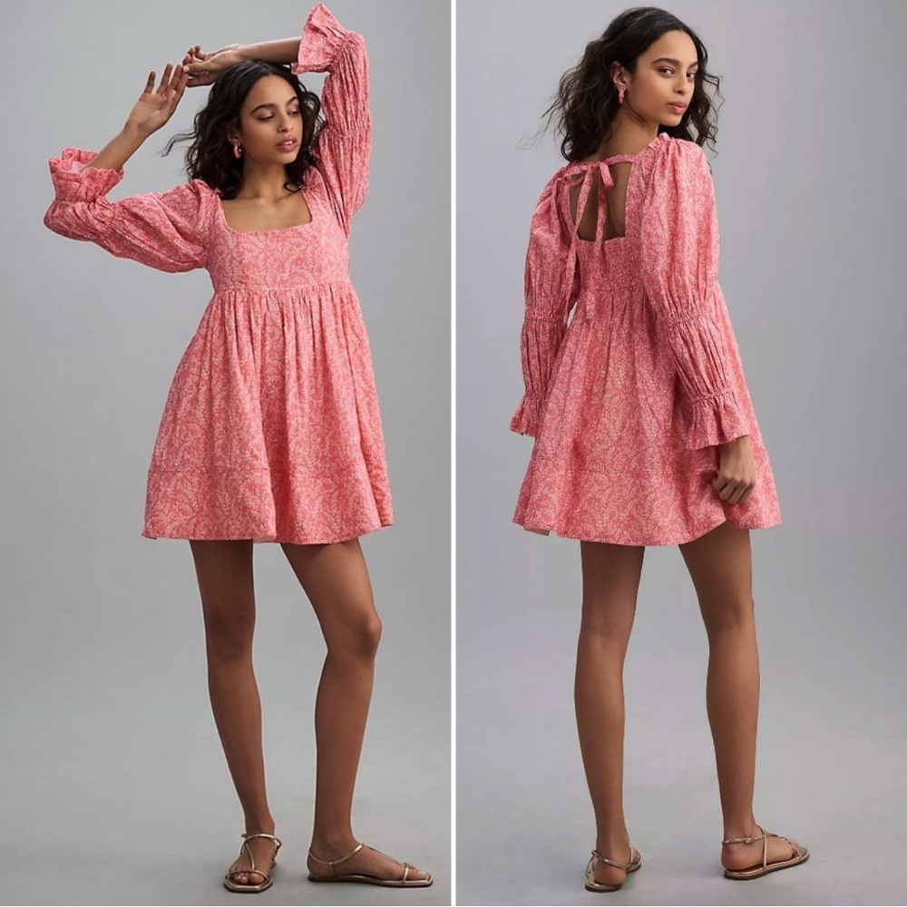 Pilcro Anthropologie Mini Dress Long Sleeve Pink Floral Sz L